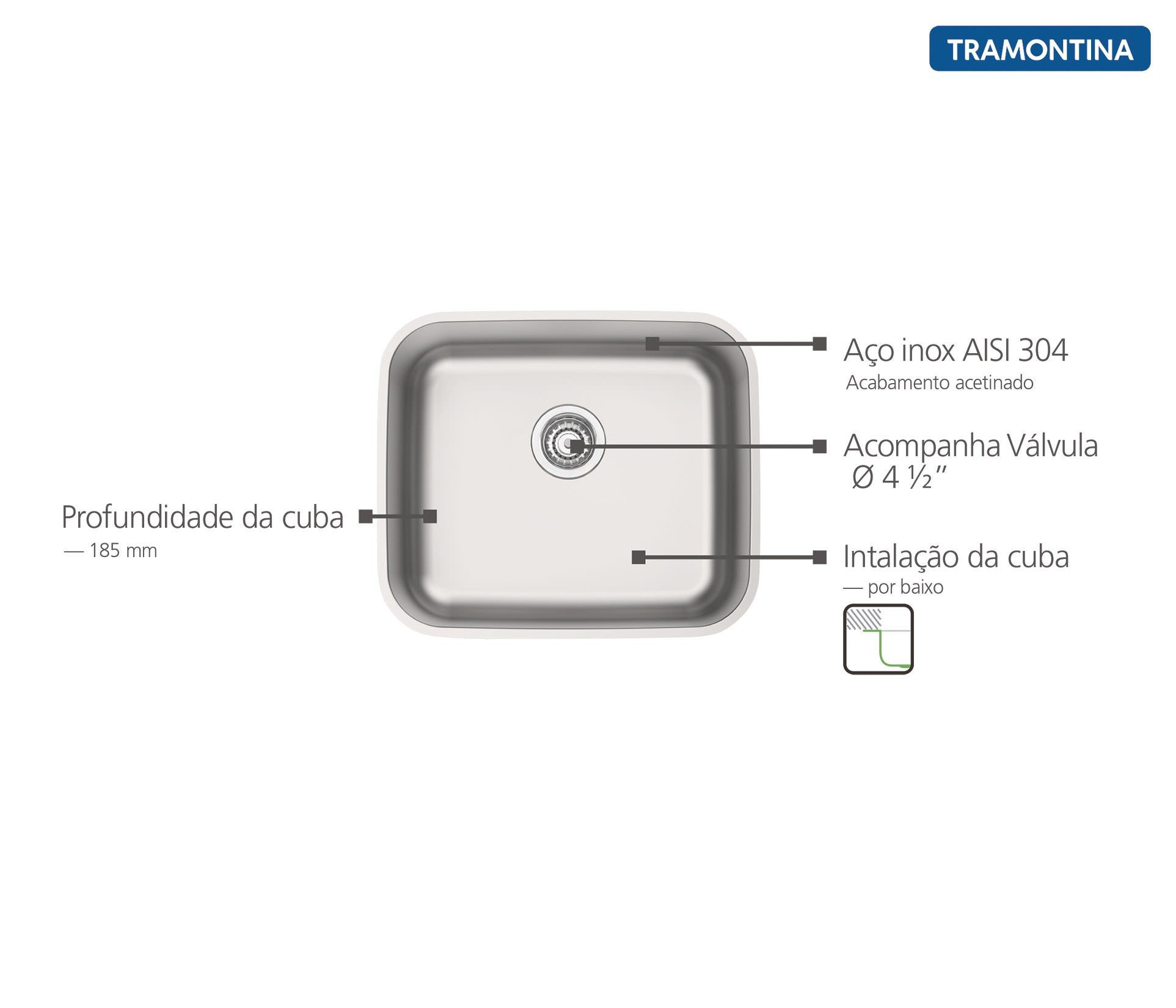 Cuba de Embutir Dora 40 BL R6 em Aço Inox Acetinado com Válvula 4 1/2'' 40x34 cm