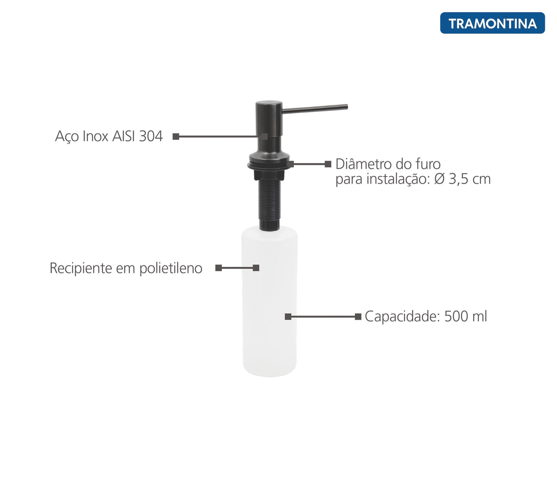 Dosador de Sabão em Aço inox Black com Recipiente Plástico 500 ml com Revestimento PVD