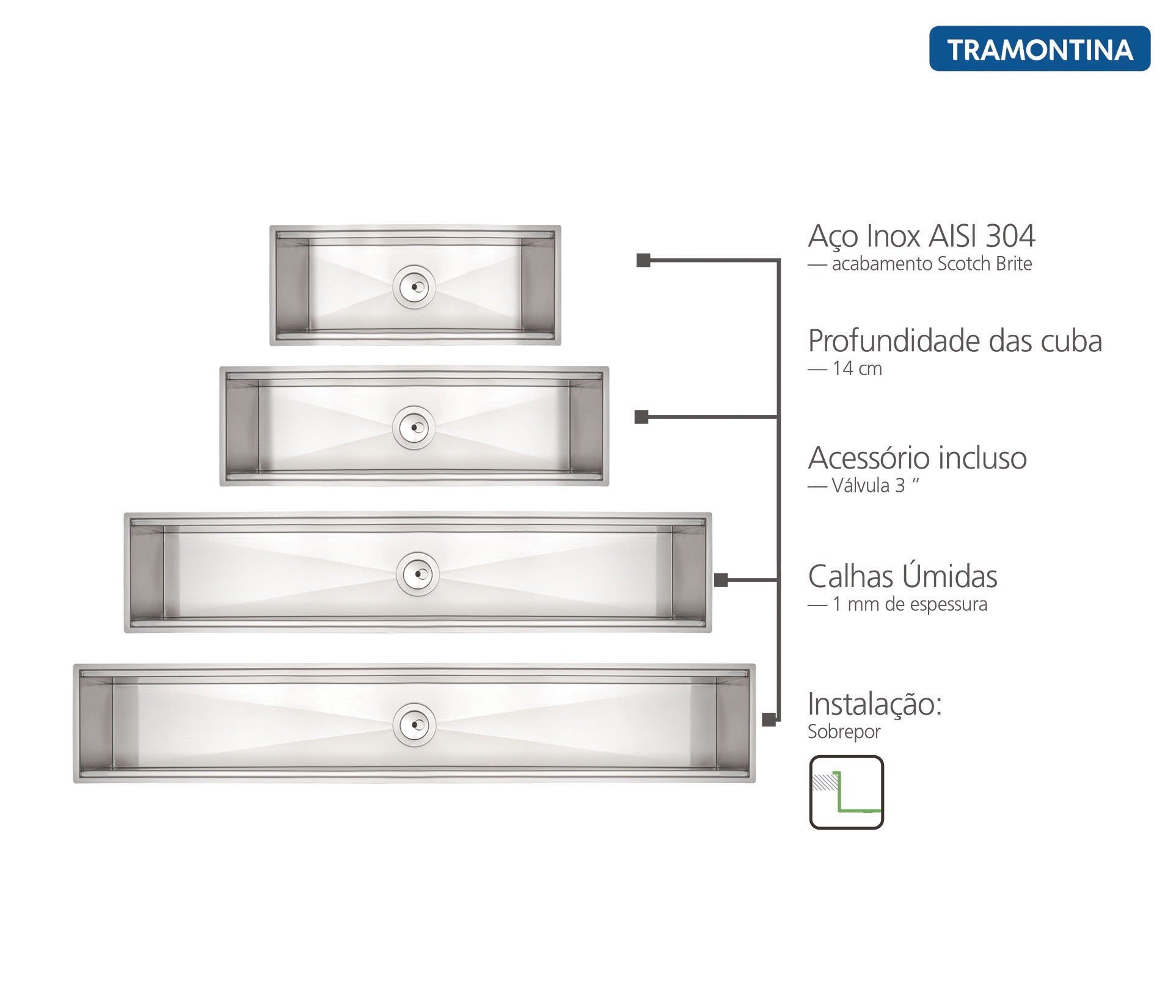 Escorredor Úmido 45x18cm para Sobrepor em Aço Inox com Acabamento Scotch Brite