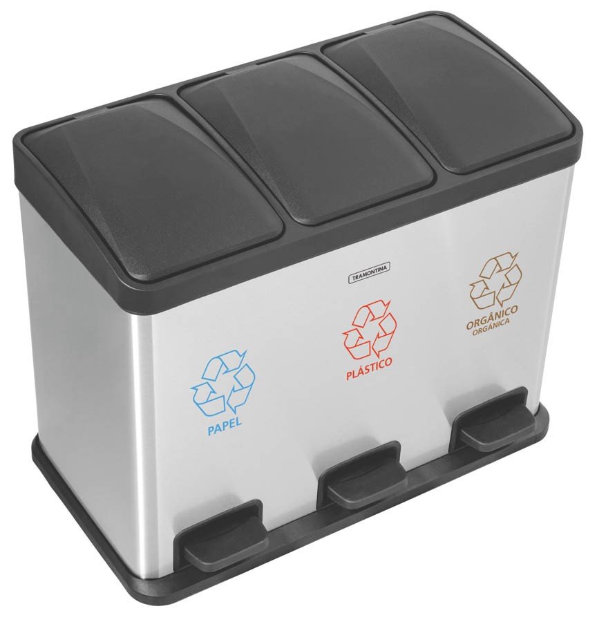 Lixeira Inox Retangular Tripla com Acabamento Scotch Brite Balde Interno Removível 3x15L