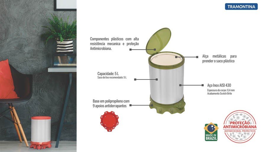 Lixeira Inox Sofie Corpo Inox Acabamento Scotch Brite Detalhes em Plástico Verde Pedal 5L