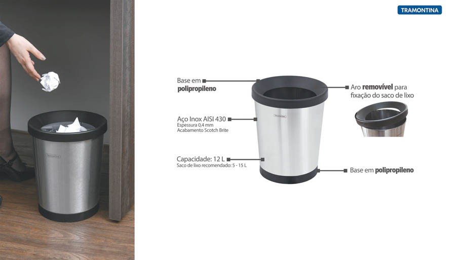 Cesto para Papel Konika Aço Inox Scotch Brite Base e Aro em Polipropileno 12 L