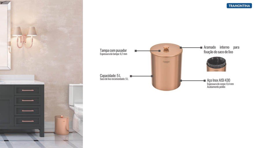 Lixeira Útil em Aço Inox Polido com revestimento epecial a base de verniz Rose Gold 5 L