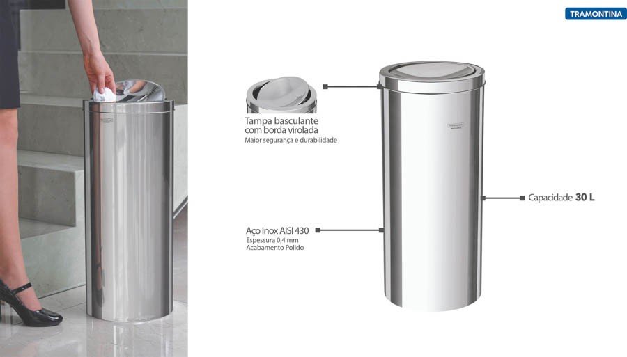 Lixeira Inox Swing com Acabamento Polido e Tampa Basculante 30 L