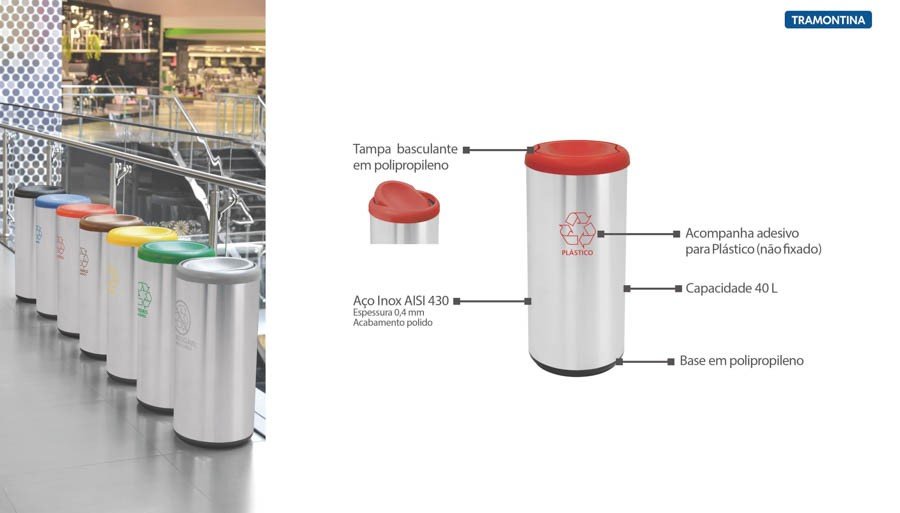 Lixeira Inox Cápsula Selecta Plus Basculante Scotch Brite Vermelha em Polipropileno 40 L