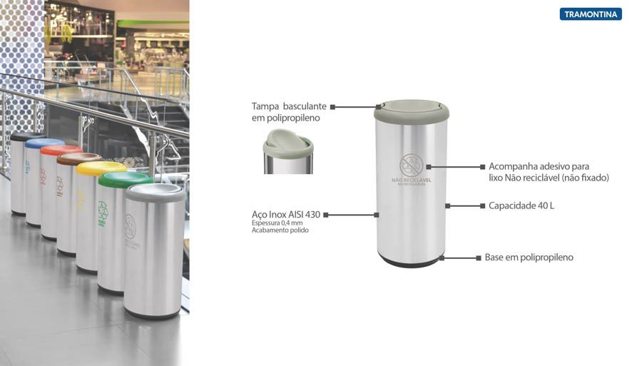 Lixeira Inox Cápsula Selecta Plus Basculante Scotch Brite Cinza em Polipropileno 40 L