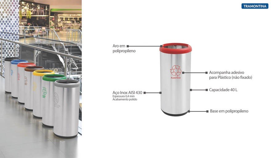 Lixeira Inox Cápsula Selecta Plus Scotch Brite e Aro e Base Vermelha em Polipropileno 40L