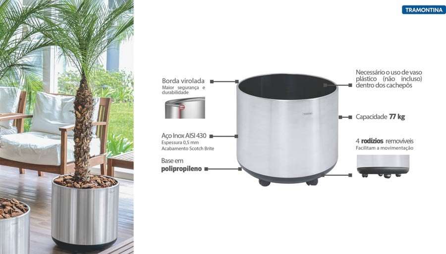 Cachepô Belt Color em Aço Inox com Acabamento Scotch Brite e Rodízio 77 kg