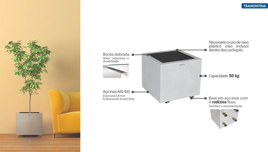 Cachepô Square Quadrado em Aço Inox com Acabamento Scotch Brite e Rodízio 50 kg