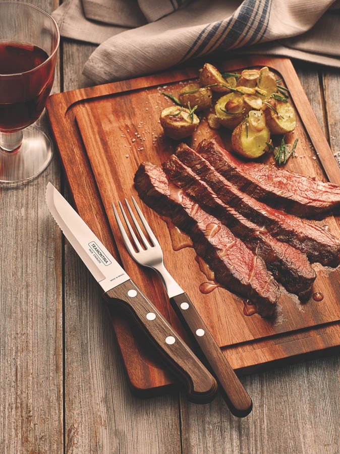 Jogo de Talheres Jumbo Churrasco Lâminas Aço Inox Madeira Polywood Castanho 12 Peças