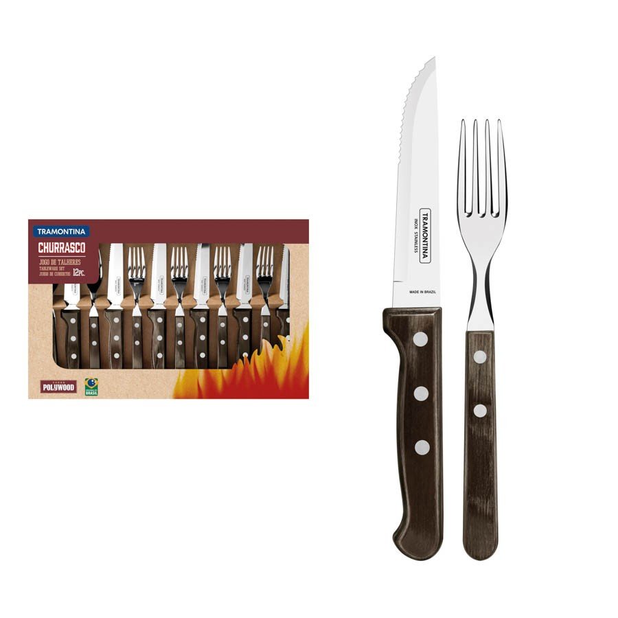 Jogo de Talheres Jumbo Churrasco Lâminas Aço Inox Madeira Polywood Castanho 12 Peças