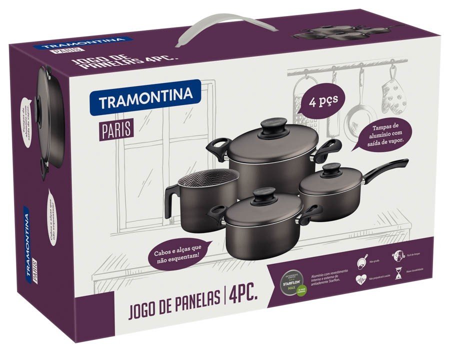 Jogo de Panelas Paris Texture Alumínio Revestimento Antiaderente Starflon Grafite 04 Pçs