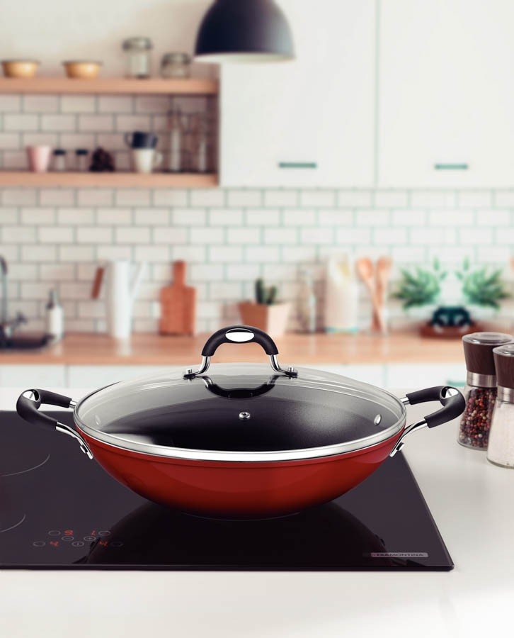 Wok Mônaco Induction Alumínio Antiaderente Starflon Vermelho 32 cm 4,5 L