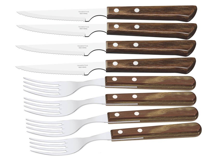 Jogo de Talheres para Churrasco Aço Inox Cabo Castanho Polywood Estojo de Madeira 8 Peças