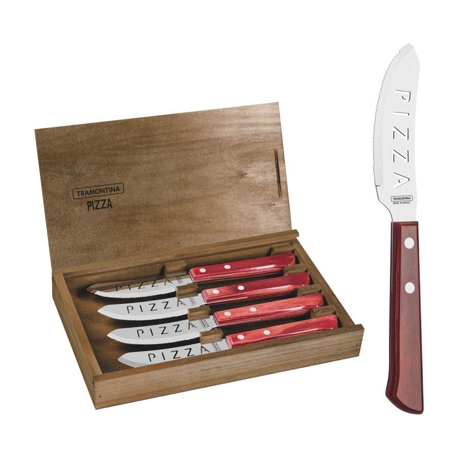 Conjunto de Facas Pizza Aço Inox Cabo Vermelho Polywood com Estojo de Madeira 4 Peças