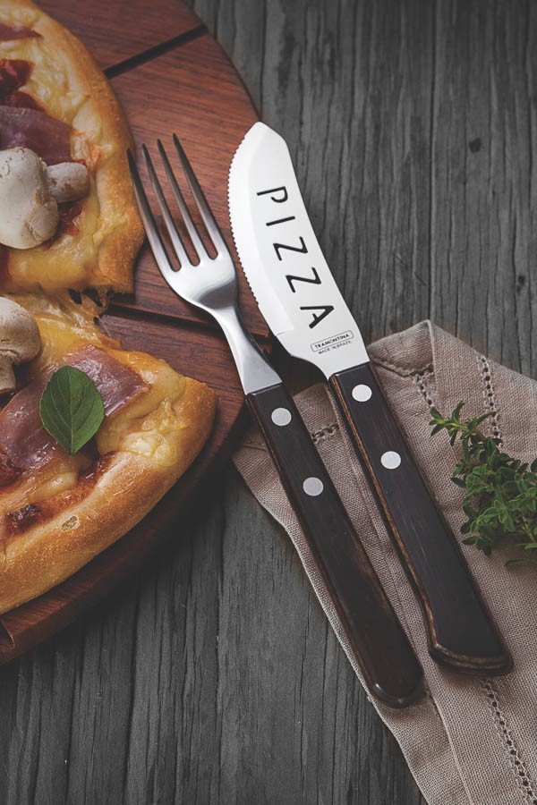 Conjunto de Facas Pizza Aço Inox Cabo Castanho Polywood com Estojo de Madeira 4 Peças