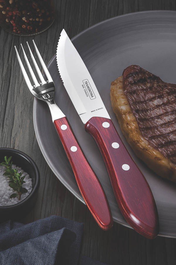 Jogo de Talheres Churrasco em Aço Inox Cabo Vermelho Polywood Estojo de Madeira 4 Pçs