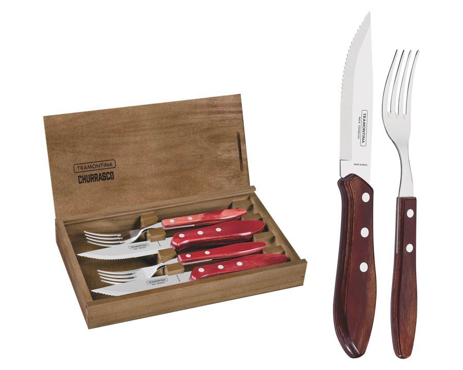 Jogo de Talheres Churrasco em Aço Inox Cabo Vermelho Polywood Estojo de Madeira 4 Pçs