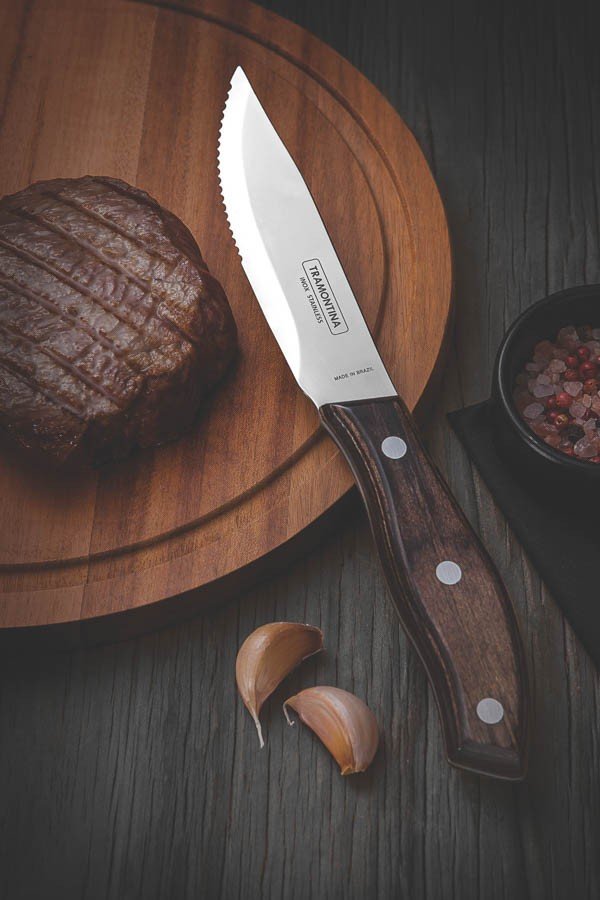 Conjunto de Facas Churrasco Rio Grande Aço Inox Cabo Castanho Polywood Estojo de Madeira 4 Peças