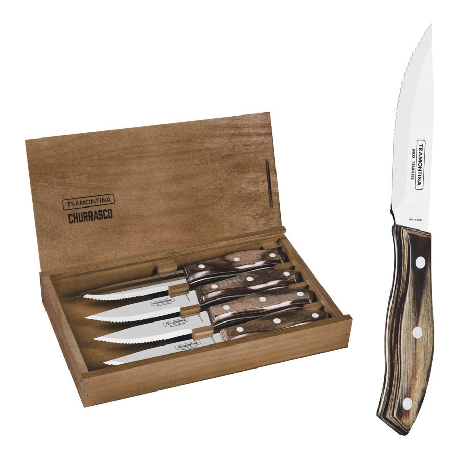 Conjunto de Facas Churrasco Rio Grande Aço Inox Cabo Castanho Polywood Estojo de Madeira 4 Peças
