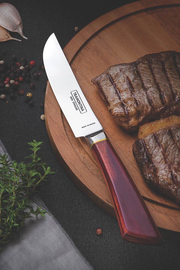 Conjunto de Facas Churrasco Pampas Aço Inox Forjado Cabo Castanho Polywood Estojo de Madeira 4 Pçs