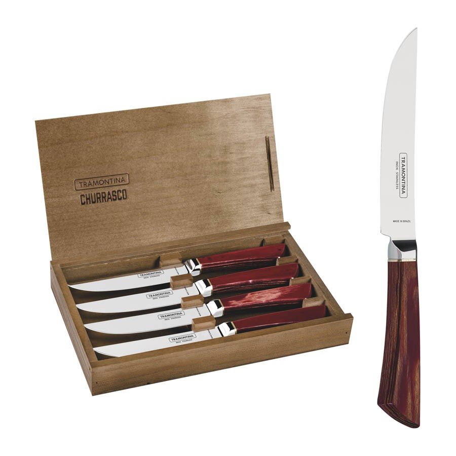 Conjunto de Facas Churrasco Pampas Aço Inox Forjado Cabo Castanho Polywood Estojo de Madeira 4 Pçs