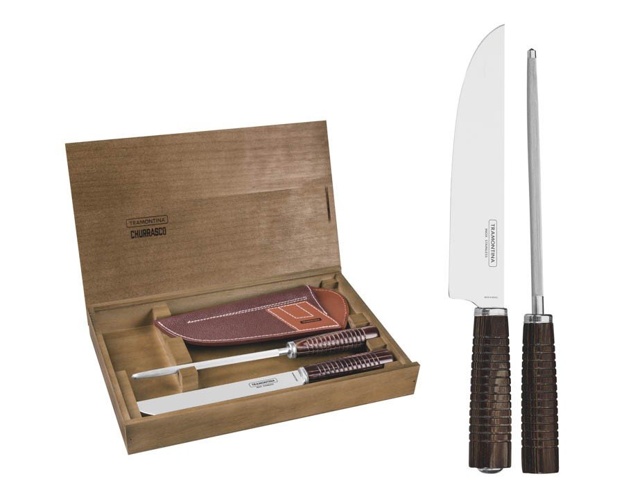 Jogo para Churrasco Inox Cabo Castanho Polywood Bainha de Couro e Estojo de Madeira 2 Pçs