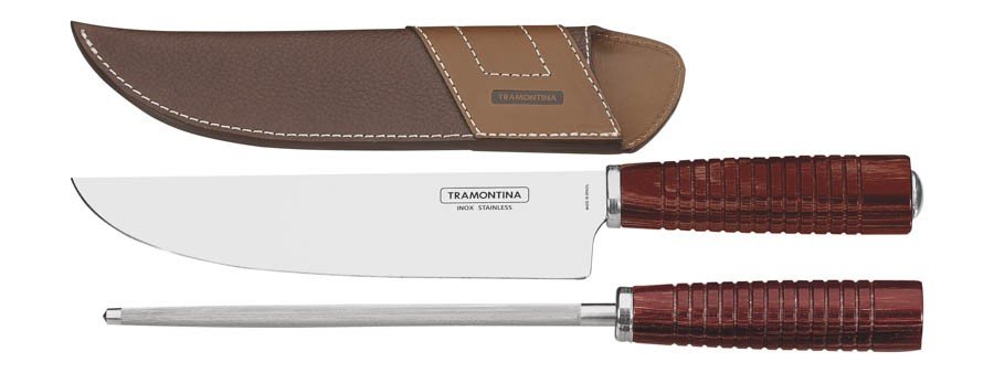Jogo para Churrasco em Aço Inox Cabo Vermelho Polywood com Bainha de Couro 2 Peças