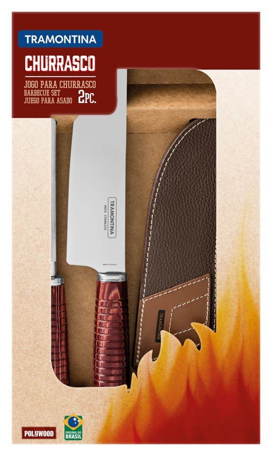 Jogo para Churrasco em Aço Inox Cabo Vermelho Polywood com Bainha de Couro 2 Peças