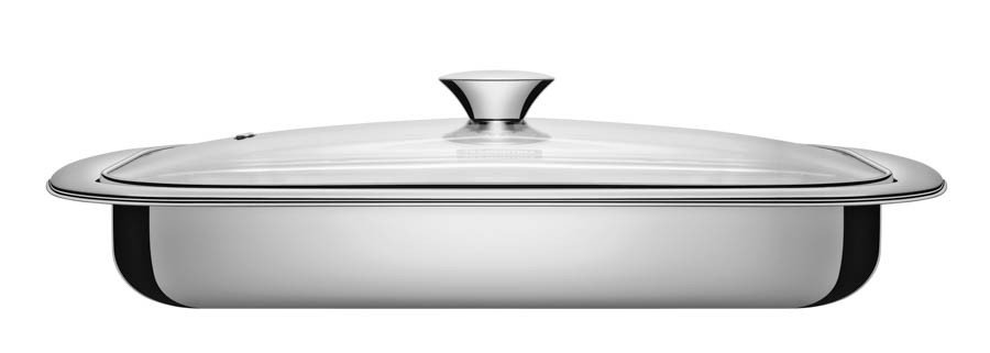 Assadeira Cosmos Retangular em Aço Inox com Tampa de Vidro 43 cm