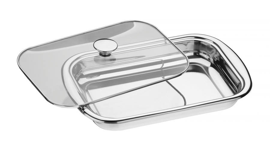 Assadeira Cosmos Retangular em Aço Inox com Tampa de Vidro 43 cm