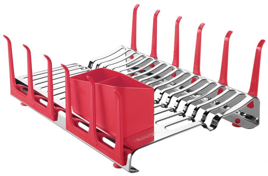 Escorredor de Louça Plurale em Aço Inox com Porta-copos e Porta Talheres Vermelho