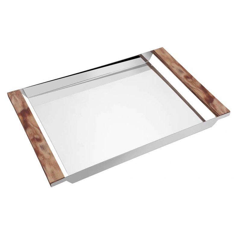 Bandeja Retangular em Aço Inox com Alças em Polywood Escuro 53 x 35 cm