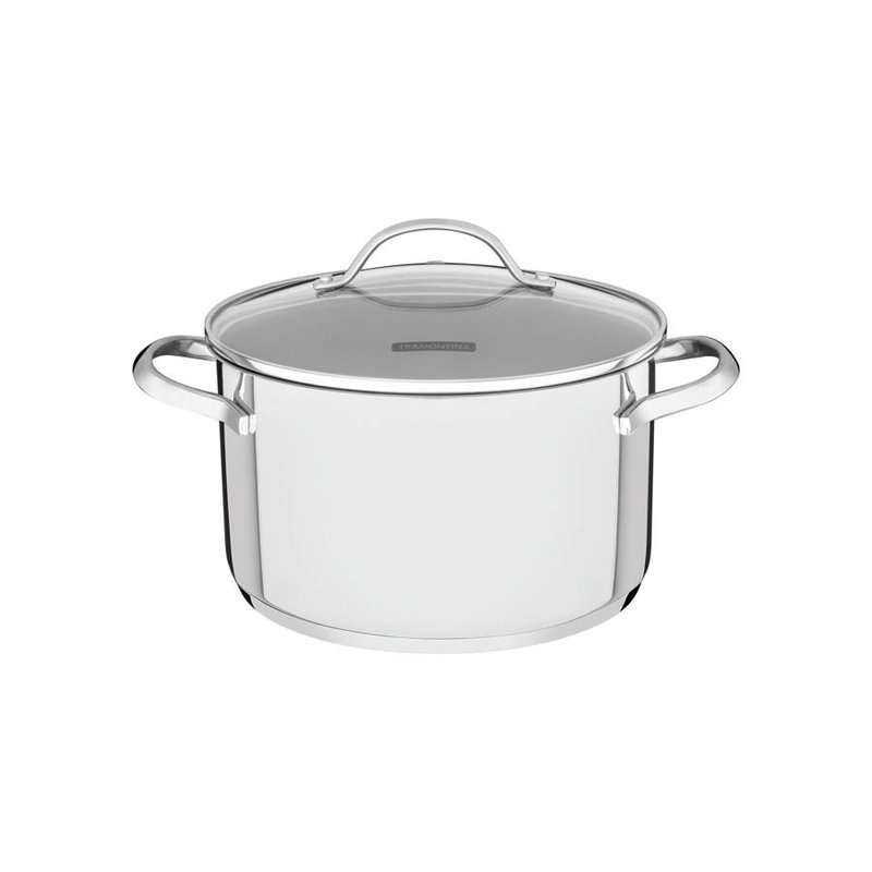 Caçarola Funda Una em Aço Inox com Fundo Triplo e Tampa de Vidro 20 cm 3,6 L