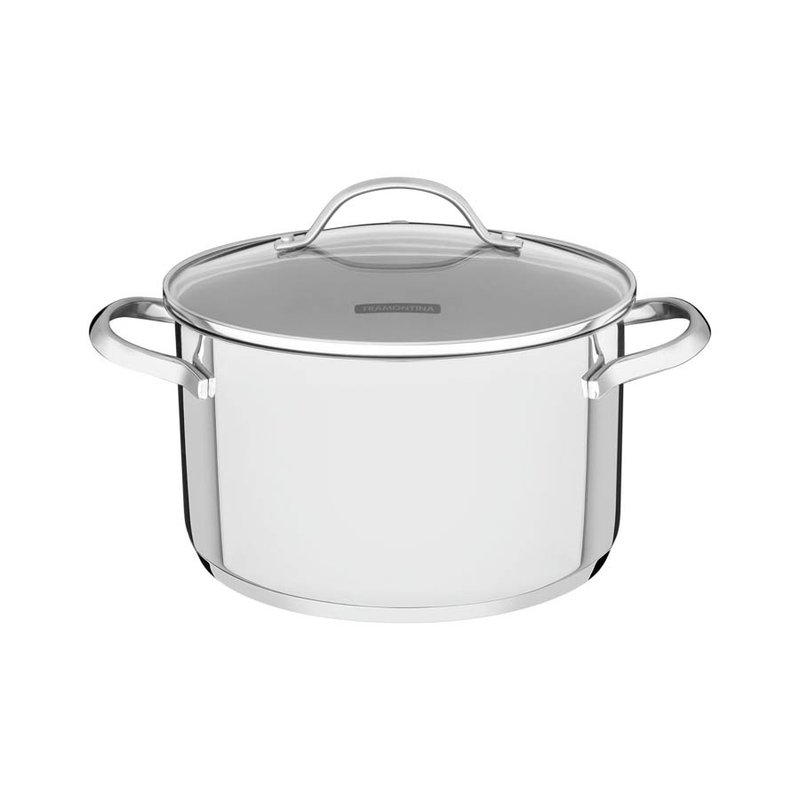Caçarola Funda Una em Aço Inox com Fundo Triplo e Tampa de Vidro 24 cm 6,1 L