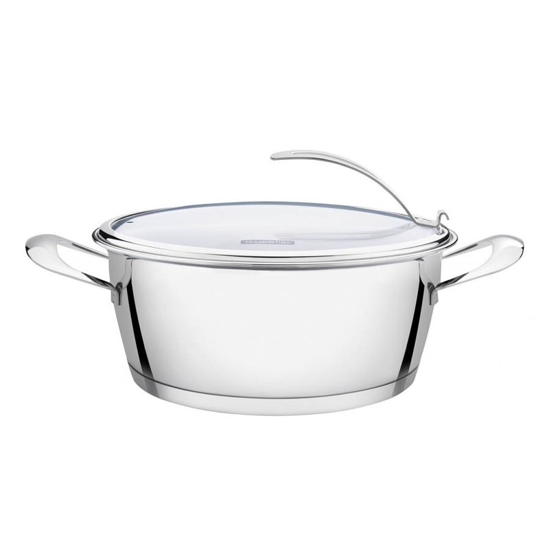 Caçarola Rasa Ventura em Aço Inox com Fundo Triplo e Tampa de Vidro 22 cm 3,3 L