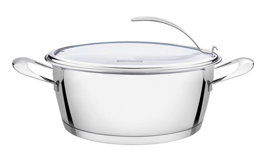 Caçarola Rasa Ventura em Aço Inox com Fundo Triplo e Tampa de Vidro 22 cm 3,3 L