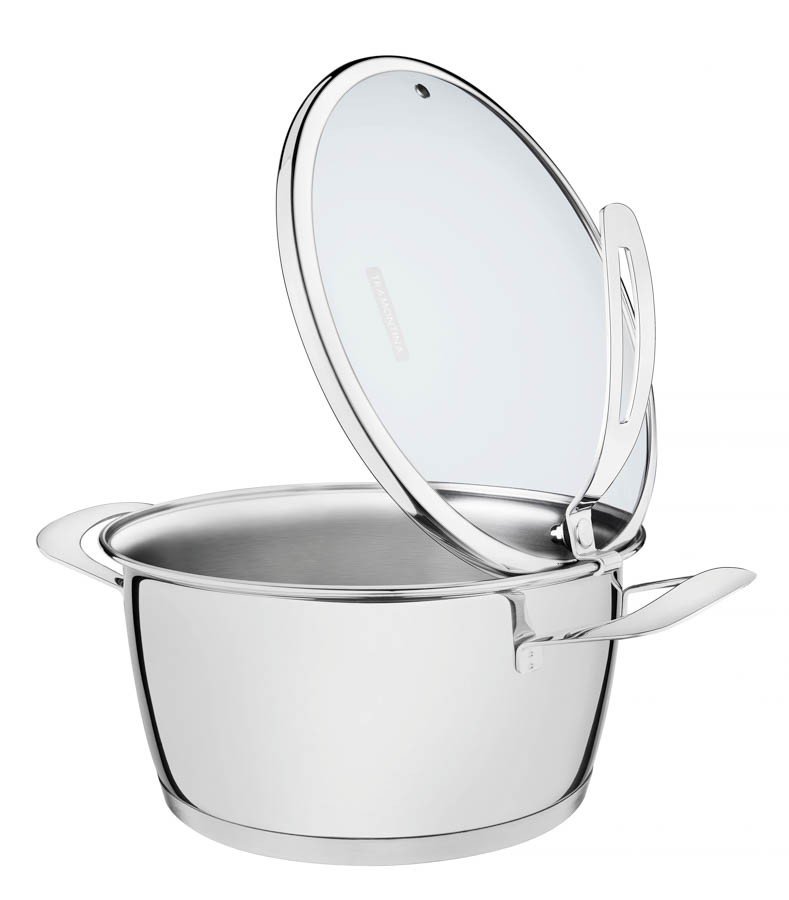Caçarola Rasa Ventura em Aço Inox com Fundo Triplo e Tampa de Vidro 22 cm 3,3 L