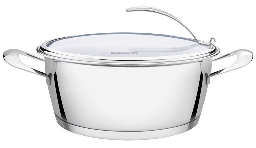 Caçarola Rasa Ventura em Aço Inox com Fundo Triplo e Tampa de Vidro 24 cm 4,2 L