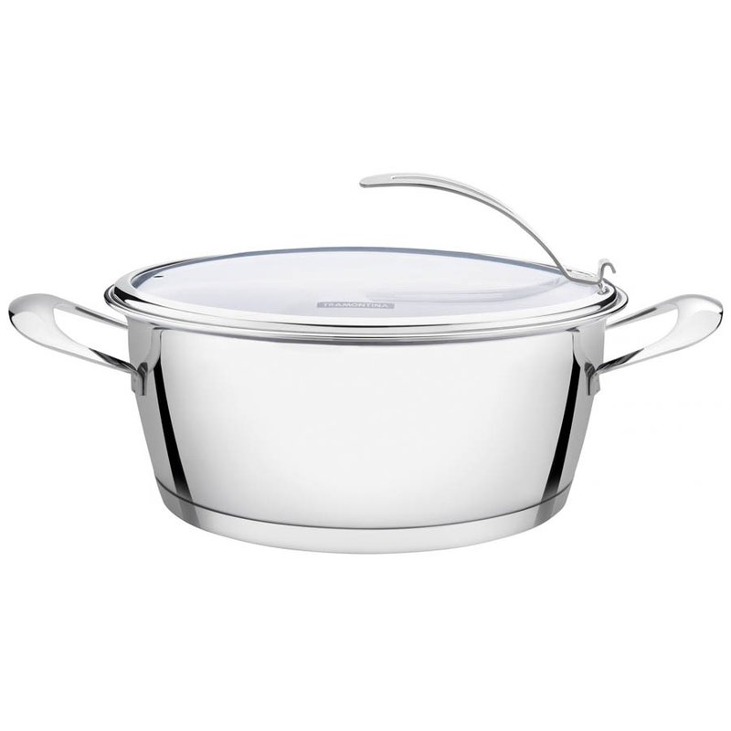 Caçarola Rasa Ventura em Aço Inox com Fundo Triplo e Tampa de Vidro 24 cm 4,2 L