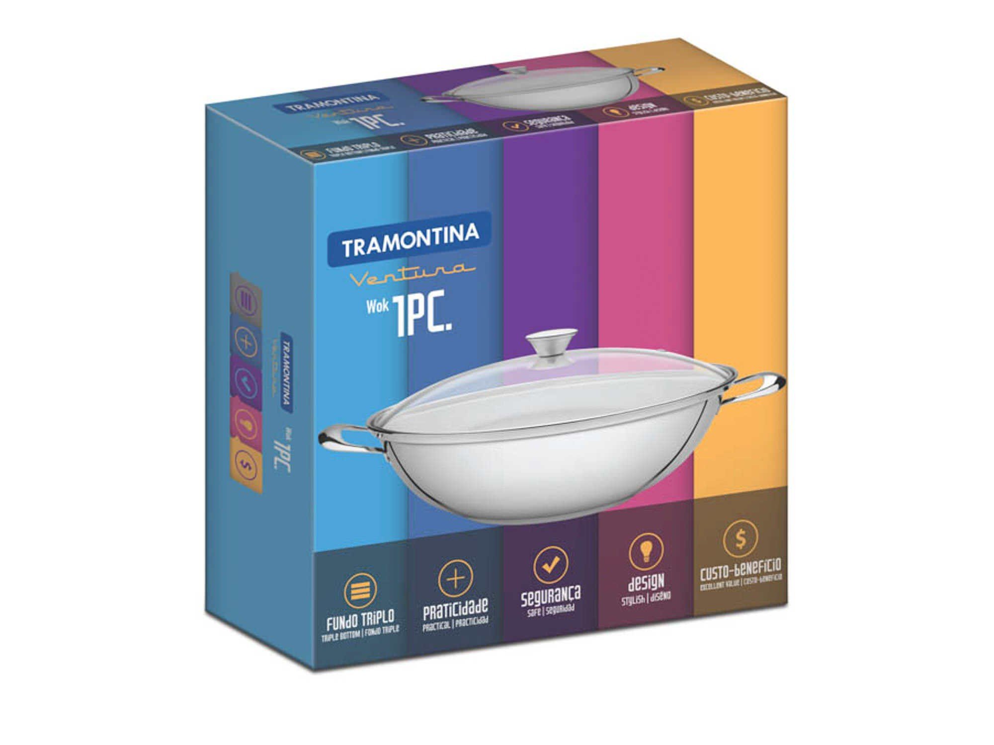 Wok Tramontina Ventura Aço Inox Fundo Triplo Tampa Vidro 34cm 5,7L