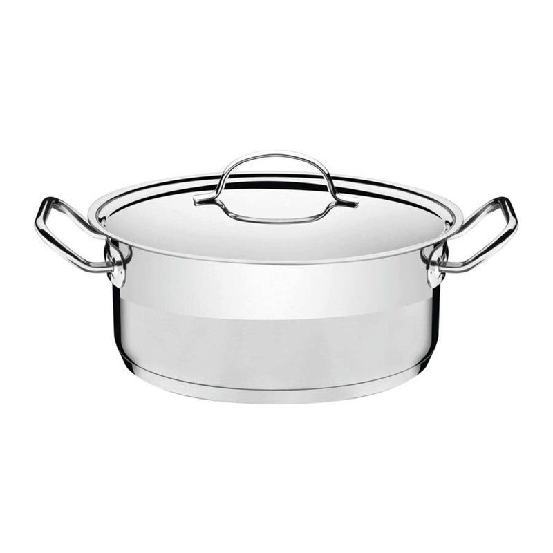 Caçarola Professional Rasa em Aço Inox Fundo Triplo Com Tampa Plana Detalhe Satinado 24 c