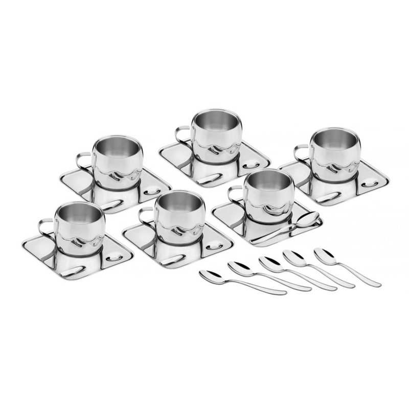 Kit para Café em Aço Inox Acabamento Brilho com Xícara Pires Quadrado e Colher 18 Peças