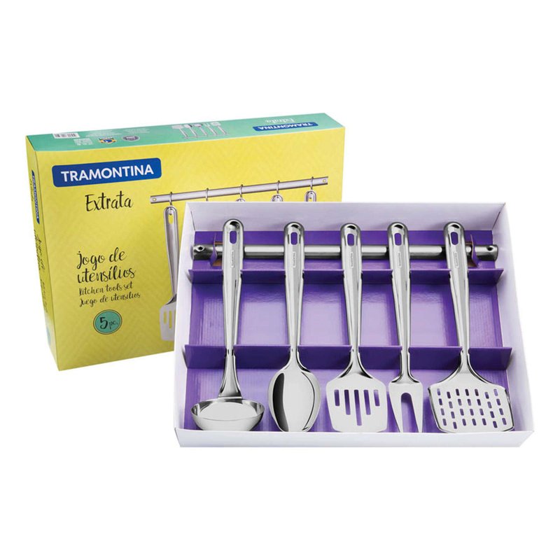 Jogo de Utensílios Extrata em Aço Inox com Suporte de Parede 5 Peças