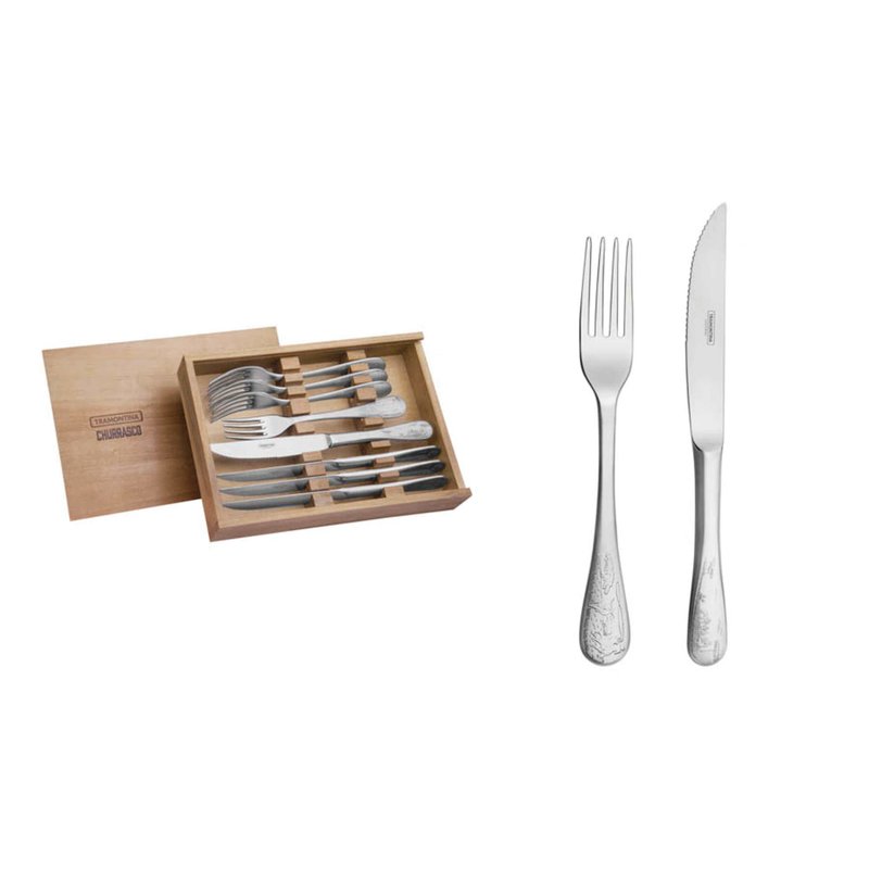 Jogo para Churrasco Classic em Aço Inox Cabo com Desenhos em Alto Relevo Estojo em Madeir