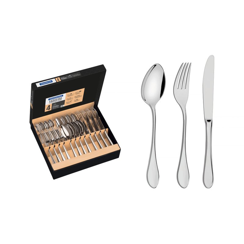 Faqueiro Italy em Aço Inox com Facas de Mesa Forjadas 6mm Acabamento Alto Brilho 24 Peças