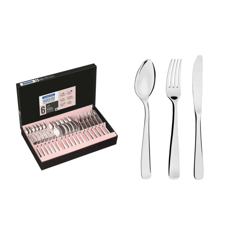 Faqueiro Pacific em Aço Inox com Facas de Mesa Acabamento Alto Brilho com Detalhes no Ca