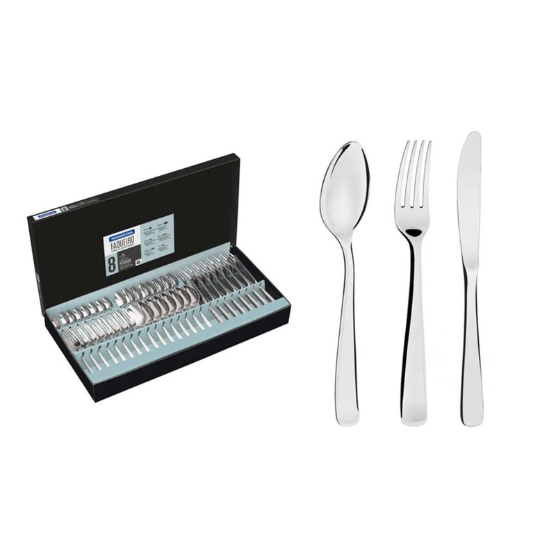 Faqueiro Pacific em Aço Inox com Facas de Mesa Acabamento Alto Brilho com Detalhes no Cab
