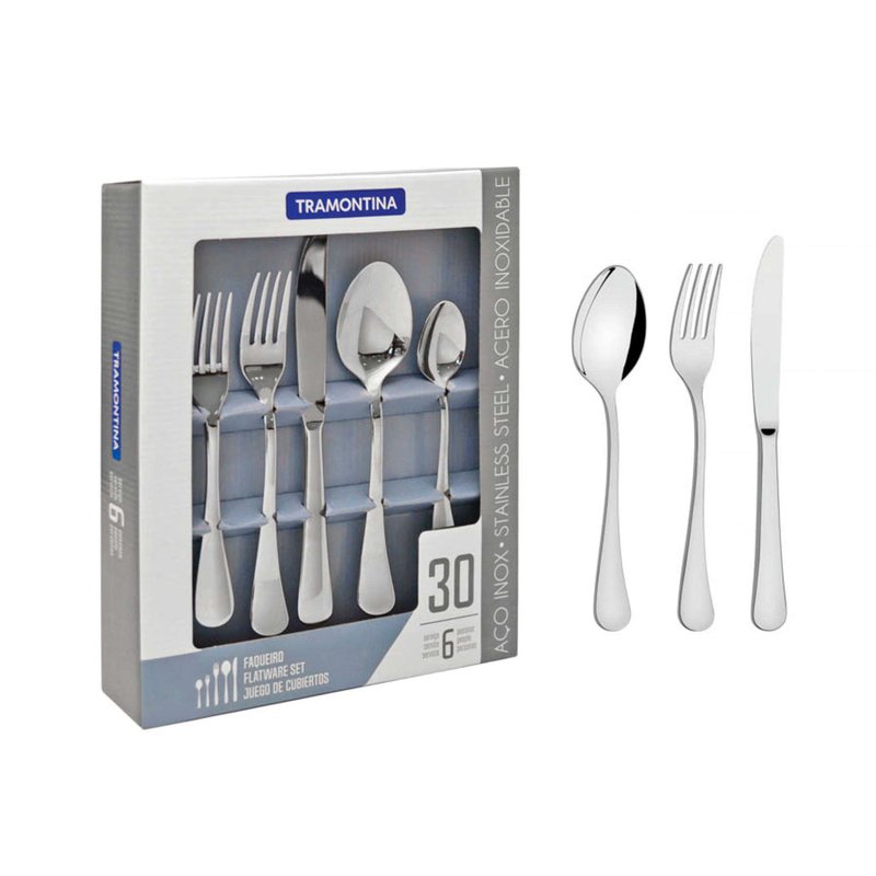 Faqueiro Zurique em Aço Inox com Facas de Mesa Acabamento Alto Brilho 30 Peças