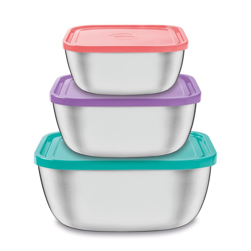 Jogo de Potes Freezinox Quadrados em Aço Inox com Tampas Plástica Multicores 3 Peças